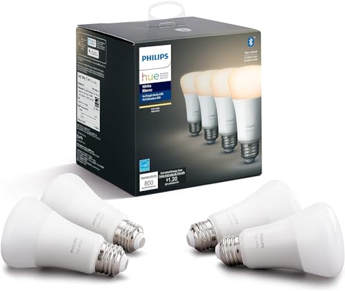 Philips Hue Smart 60W A19 LED Bulb - Soft Warm White Light - 4 Pack - 800LM - E26 - Indoor - Control with Hue App - Works with Alexa, Google Assistant and Apple Homekit