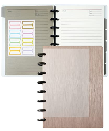 Discbound Notebook Customizable Spiral Journal Refillable 5 Subject Notebook with Removable Pages 120 Wide Ruled Disc Planner with 6 Binder Dividers & 16 Tabs for Work Meeting School, Rose Gold