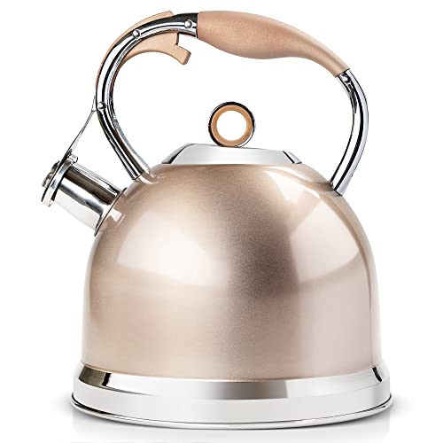 Tea Kettle - HIHUOS Whistling Tea Pots for Stove Top - Sleek Stainless Steel Stovetop Kettle, Easy-grip Handle With Trigger Opening Mechanism, 1 Free Silicone Pinch Mitt Included (Champagne 2.64QT)