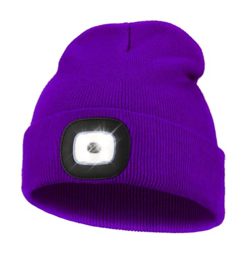 Unisex LED Beanie with Light, USB Rechargeable Hands Free LED Headlamp Hat, Knitted Night Light Beanie Cap Flashlight Hat, Men Gifts for Dad Father Husband Purple