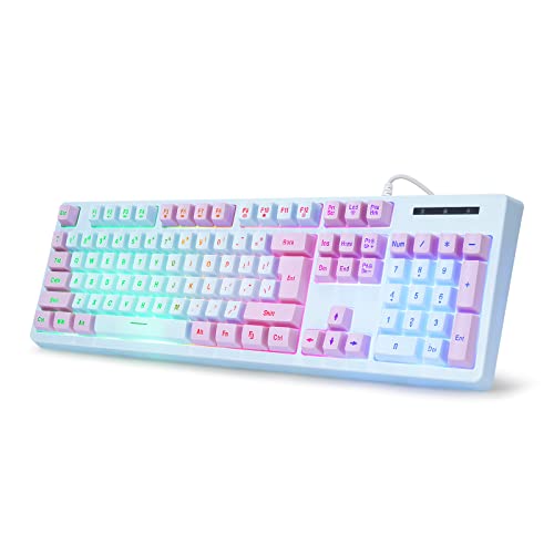 HUO JI Gaming Keyboard USB Wired with Rainbow LED Backlit, Floating Keys, Mechanical Feeling, Spill Resistant, Ergonomic for Xbox, PS Series, Desktop, Computer, PC, Blue Purple