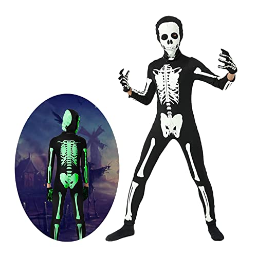 Cupohus [NEW UPDATE Halloween Costume Glow in Dark, compatible for Skeleton Costume Bodysuit Jumpsuit - Black and White Halloween Jumpsuit Costume, Unisex(Kids-L)