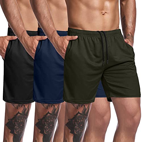 COOFANDY Men's 3 Pack Gym Workout Shorts Mesh Weightlifting Squatting Pants Training Bodybuilding Jogger with Pocket,Black/Army Green/Navy Blue,Medium