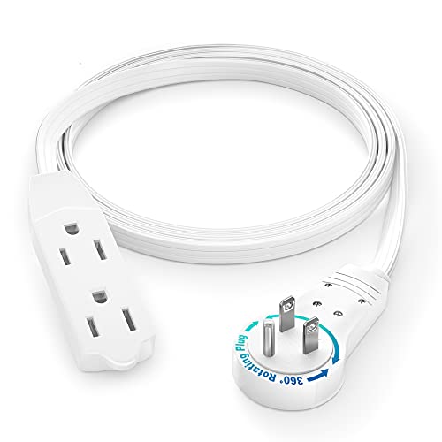 Maximm Cable 3 Ft 360° Rotating Flat Plug Extension Cord/Wire, 16 AWG Multi 3 Outlet Extension Wire, 3 Prong Grounded Wire - White - UL Certified