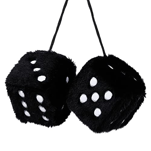 YGMONER Pair of Retro Square Mirror Hanging Couple Fuzzy Plush Dice with Dots for Car Interior Ornament Decoration (Black)