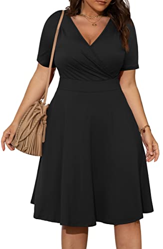 POSESHE Womens Plus Size Black Dresses Short Sleeve Wrap V-Neck Stretchy Summer Cocktail Swing Dress with Pockets,Black,3XL