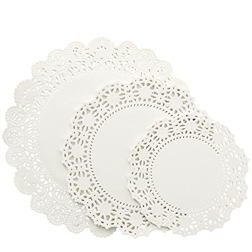 Juvale 150 Pack Round White Paper Doilies for Crafts, Tableware Decor, Parties, Wedding, Assorted Size Charger Plates for Cakes, Desserts (6.5, 8.5, and 10.5 Inch)