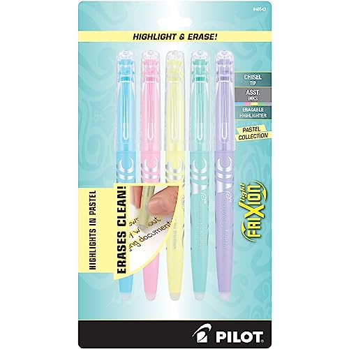 Pilot, FriXion Light Pastel Erasable Highlighters, Chisel Tip, Pack of 5, Pastel Blue, Pink, Yellow, Green & Purple