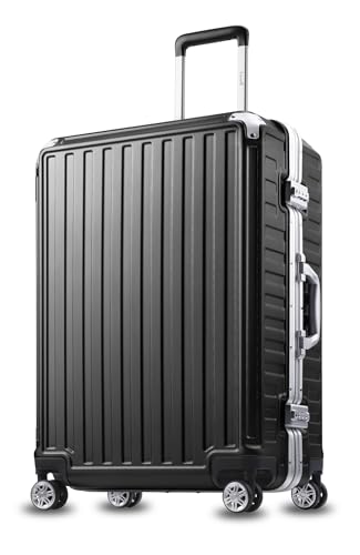 LUGGEX 26 Inch Luggage with Aluminum Frame, 72L Polycarbonate Zipperless Checked Luggage, Black Hard Shell Suitcase 4 Metal Corner