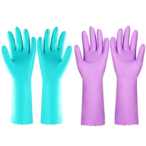 Elgood Reusable Dishwashing Cleaning Gloves with Latex free, Cotton lining,Kitchen Gloves 2 Pairs,Purple+blue Medium