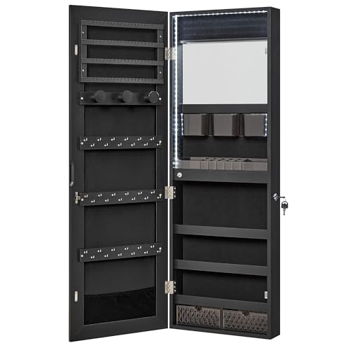 SONGMICS Jewelry Cabinet Armoire Organizer with LED Lights, Wall-Mounted Storage Cabinet with Full-Length Frameless Mirror, Built-in Makeup Mirror, 2 Drawers, Lockable, Black UJJC013B01