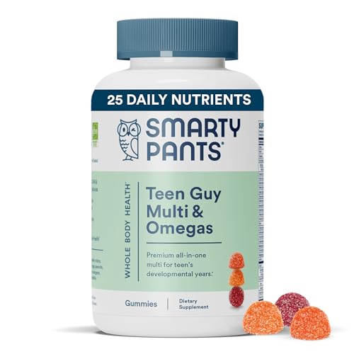 SmartyPants Teen Guy Multivitamin Gummies: Omega 3 Fish Oil (EPA/DHA), Vitamin D3, C, Vitamin B12, B6, Vitamin A, K & Zinc, Gluten Free, Three Fruit Flavors, 120 Count (30 Day Supply)