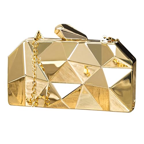 Reberomantic Women Lattice Pattern Metal Handbag Chain Geometric Evening Clutch Purse, Gold