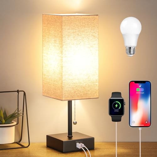GGOYING Bedside Table Lamp, Pull Chain Table Lamp with USB C+A Charging Ports, 2700K LED Bulb, Fabric Linen Lampshade, Nightstand Lamp for Livingroom Bedroom Office Reading Working