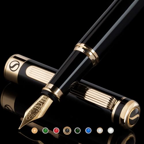 Scriveiner Black Lacquer Fountain Pen - Stunning Luxury Pen with 24K Gold Finish, Schmidt 18K Gilded Nib (Extra Fine), Best Pen Gift Set for Men & Women, Professional, Executive, Office, Nice Pens