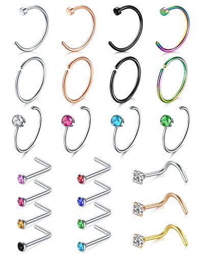 MODRSA Nose Rings 16gauge L Shape Nose Studs Nose Screw Surgical Stainless Steel Thick C Shape Nose Ring Hoop High Nostril Nose Piercing Jewelry for Women Men