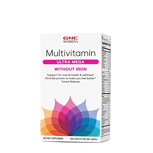 GNC Women's Multivitamin Ultra Mega Without Iron | Daily Vitamin Supplement | Supports Immune, Brain, Hair, Skin & Nails | Antioxidant Blend | 180 Caplets