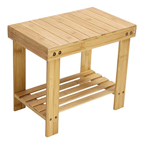 KKTONER Bamboo Step Stool with Storage Shower Bench with Shelf Foot Stool for Bathroom Living Room Bedroom Natural Color