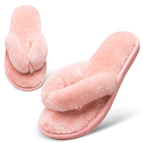 JOINFREE Women's Furry House Slippers Soft Slip On Shoes with Non Slip Sole Light Pink 9.5/10.5 M US