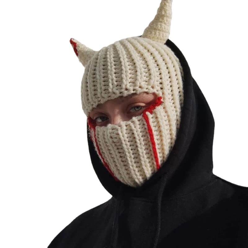Funny Horns Creative Knitted Hat Beanies Warm Full Face Cover Ski Mask Hat Windproof Balaclava Hat for Men Women (White Blood Stain,One Size)