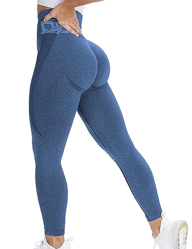 QOQ Women Seamless Leggings High Waist Tummy Control Yoga Pants Workout Gym Compression Tights DarkBlue S