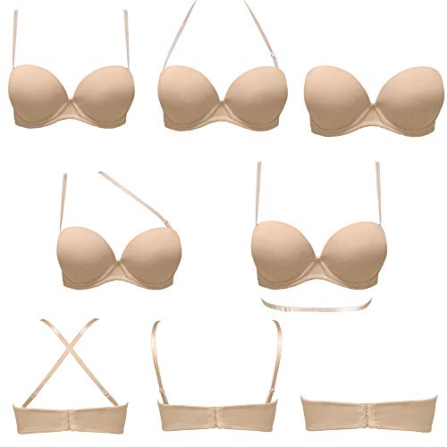Plusexy Women's Push Up Strapless Bra Thick Padded Underwire Convertible Multiway Bras Nude 38B