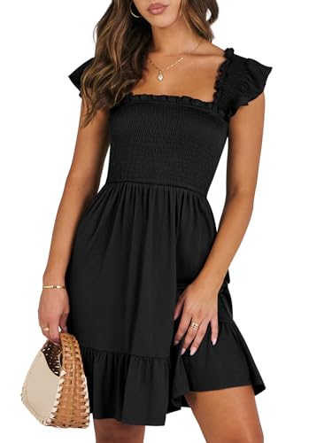 ANRABESS Womens Summer Casual Sleeveless Square Neck Smocked Ruffle Backless Boho Mini Dress 2024 Trendy Short Sundress Black Small