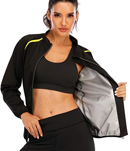 SEXYWG Women Sauna Jacket Slimming Sweat Sauna Suit Sauna Shirt Long Sleeve Workout Tops Body Shaper Black