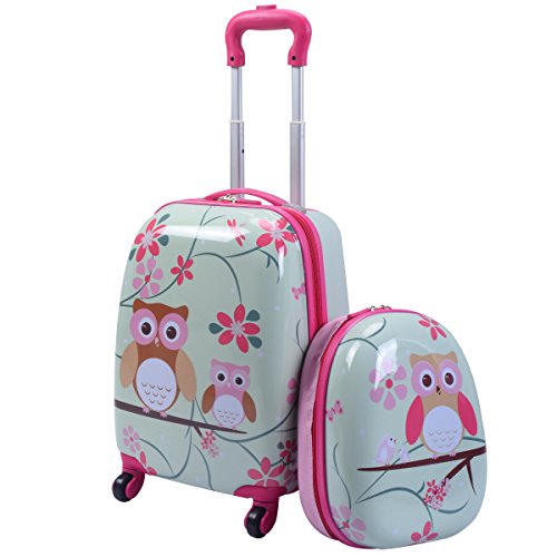 GYMAX Kids Carry On Luggage Set, 12' & 16' 2PCS Rolling Suitcase (Owl)