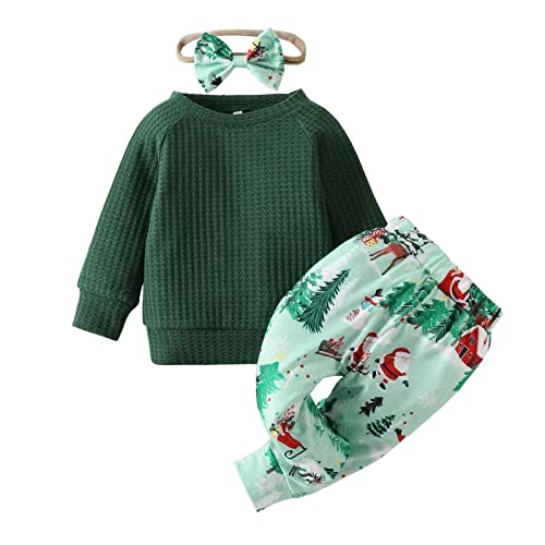 Xiaodriceee Baby Girl Boy Christmas Outfits Toddler Casual Long Sleeve Sweatshirt T-Shirt Jogging Pants Set Santa Fall Clothes(L-Christmas Tree Green,18-24 Months)