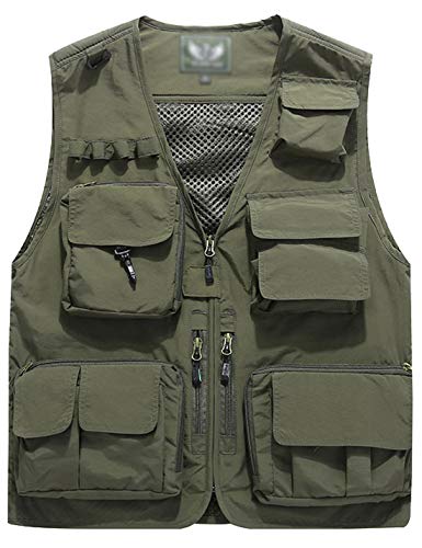 Flygo Men's Casual Multi-Pocket Outdoor Utility Fishing Photo Safari Work Travel Vest (3X-Large, Army Green)