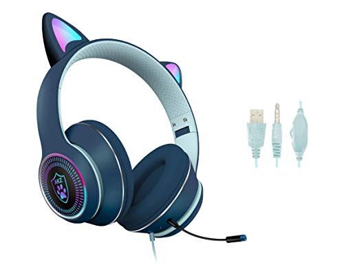VIGROS Cat Ear Gaming Headset with Mic RGB LED Light, Flashing Glowing Stereo Headphones, 7.1 Stereo Sound Surround Over-Ear Headset for PC, PS4, PS5, Nintendo Switch,Mobile(Navy Blue)