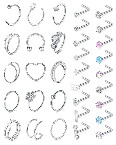 Incaton 33PC 20G Stainless Steel Nose Rings Hoops L Shaped Studs Screw Nose Piercings Jewelry for Women Men Silver Rose Gold Black Rainbow