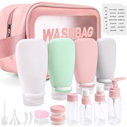 Noideeer 18 Pcs Travel Bottles for Toiletries Gym TSA Approved, Leak Proof with Bandage Silicone Squeezable 3oz for Toner Shampoo Conditioner Lotion Body Wash with Toothbrush Cover Tag and Wash Bag