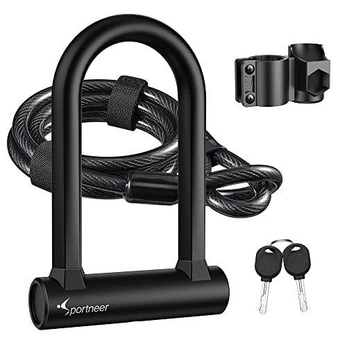Sportneer Bike Lock: Heavy Duty Anti Theft Bike U Lock with 5ft Security Steel Cable - 17mm Shackle Bicycle U-Locks with Keys & Sturdy Mounting Bracket for Road, Mountain, Electric & Folding Bike