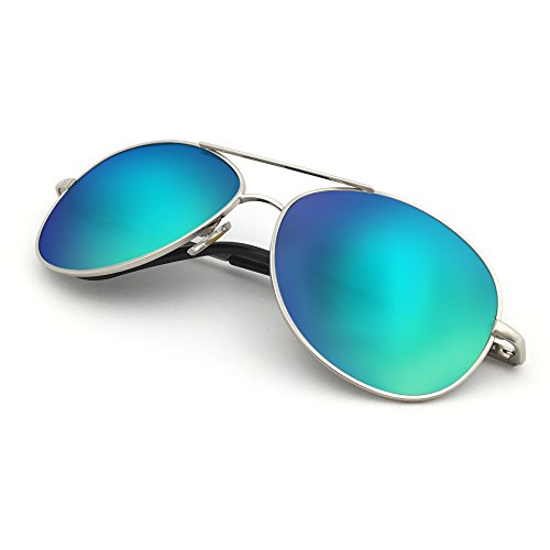 J+S Premium Military Style Classic Aviator Sunglasses, Polarized, 100% UV protection for Men Women (Medium Frame - Silver Frame/Green Mirror Lens)