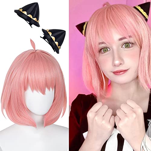 Half and Half Short Pink Bob Wig Anime Cosplay wigs with Cute Hair Clips, Women Girls Anime Heat Synthetic Hair Cos Prop + Wig Net Cap for Halloween Costume Party Daily