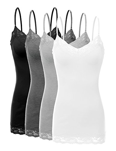 RT1004 Pack Ladies Adjustable Spaghetti Strap Lace Tunic Camisole 4Pack-BLK CHC HE Grey WHT S