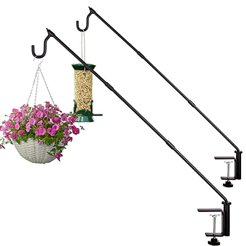 QIEGL 31 Inch Heavy Duty Fence Deck Hook Rotary-Solid Rod for Bird Feeder Extended Adjustable 360°Plant Bracket Hanging Hooks for Lanterns, Wind Chime,Planters, Suet Baskets, 2 Pack Unassembled