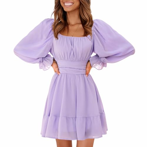 EXLURA Women Tie Back Wedding Guest Dresses Long Lantern Sleeve Square Neck Ruffle Elastic Waist Aline Casual Mini Dress Purple