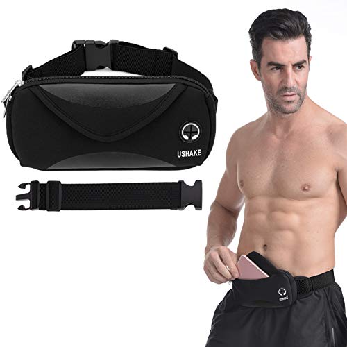 USHAKE Running Belt with Extender Belt, Bounce Free Pouch Bag, Fanny Pack Workout Belt Sports Waist Pack for Apple iPhone Samsung Note Galaxy in Running Walking Cycling-05BK