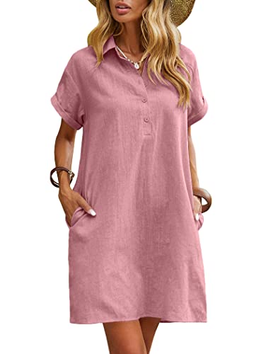 Zeagoo Womens Short Sleeve Front Botton Dress Oversized Tunic Shirt Dress Casual Dresses with Pockets Pink M