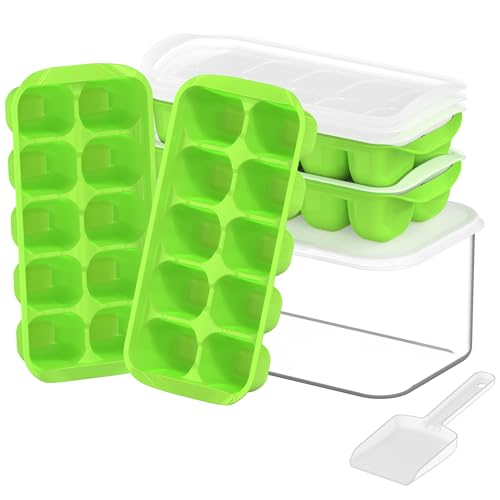 DOQAUS Ice Cube Tray with Lid and Bin, 4 Pack Ice Trays for Freezer, Easy Ice Pop Out Silicone Ice Cube Trays for Freezer with Cover, Stackable Storage Compact Ice Bucket Kits for Popsicles