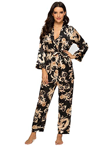 Escalier Women's Silk Satin Pajamas Set 3 Pcs Floral Silky Pj Sets Sleepwear Cami Nightwear with Robe and Pants Black 2XL