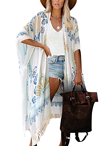 Breezy Lane White Kimonos for Women Swimsuit Coverup Beach Cardigans with Tassel Fringe Floral Print for Summer Vacation