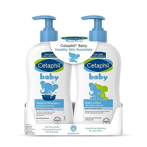 Cetaphil Baby Wash & Shampoo Plus Body Lotion, Healthy Skin Essentials, Mother's Day Gifts, Head to Toe Hydration for up to 24 Hours, for Delicate, Sensitive Skin, 2-Pack,White