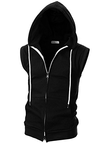 Ohoo Mens Slim Fit Sleeveless Lightweight Zip-up Hooded Vest 2 Way Zipper Hoodie Sweatshirt / DCF011-BLACK-M