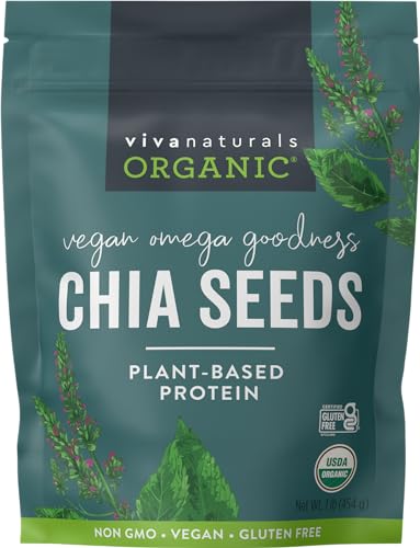 Viva Naturals Organic Chia Seeds 1 LBs - Plant-Based Omega-3 and Vegan Protein, Non-GMO Chia Seeds Organic Perfect for Smoothies, Salads and Chia Seed Pudding, Black Chia Seeds Bulk