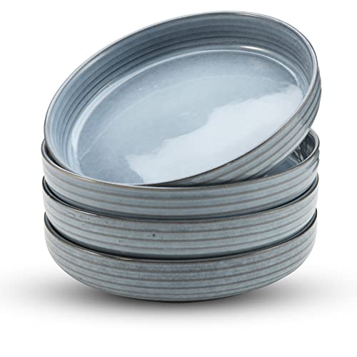 American Atelier Pasta Bowls Set of 4-20 oz, Microwave and Dishwasher Safe, Wide Shallow Stoneware Salad Bowl Set, Dinnerware Plates for Serving Dinner, Kitchen, and Eating (Light Blue)