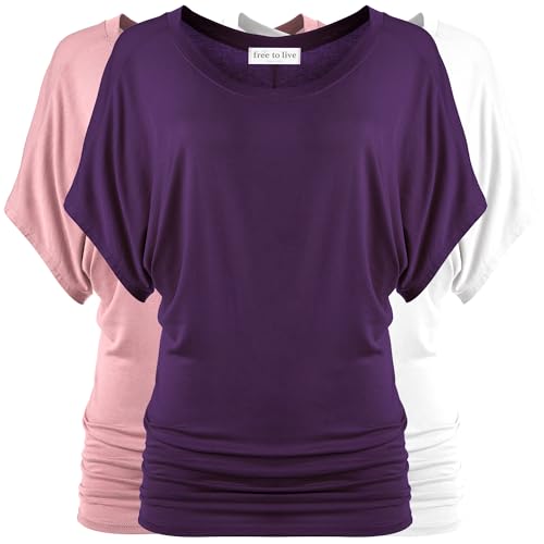 Free to Live 3 Pack Dolman Short Sleeve Business Casual Tops for Women Shirts Fall Dressy Tunic (Large, Dark Purple, Rose, White)